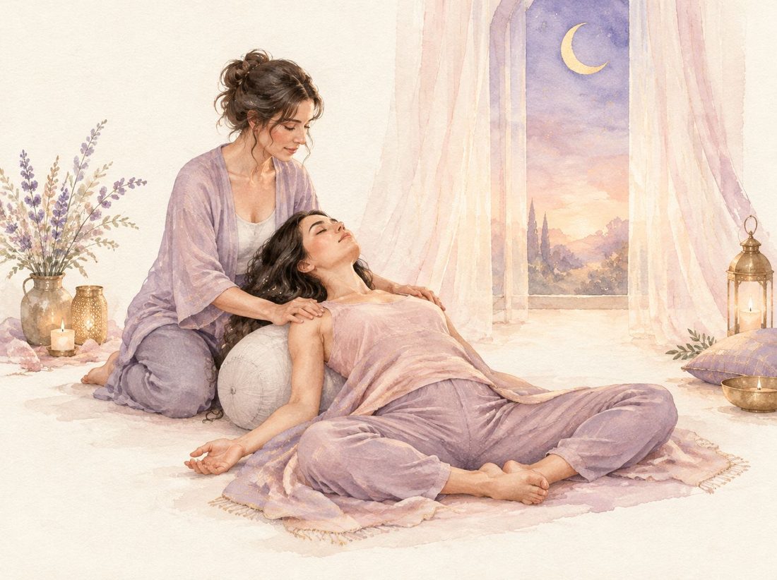 Watercolour illustration of a woman resting in a supported yin pose while a practitioner gently holds her shoulders